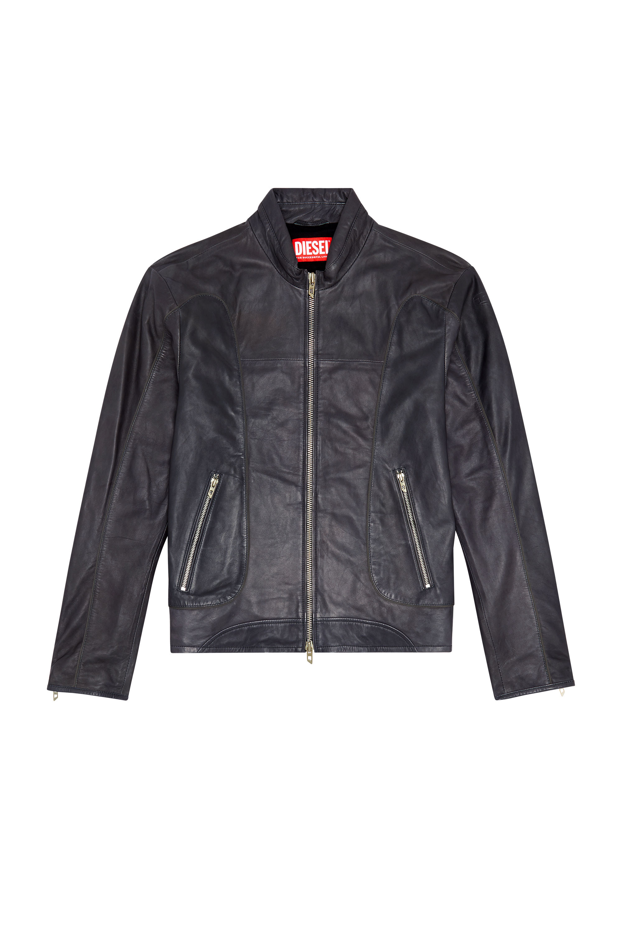 Diesel - L-KRIX, Man Leather biker jacket with piping in Black - Image 3