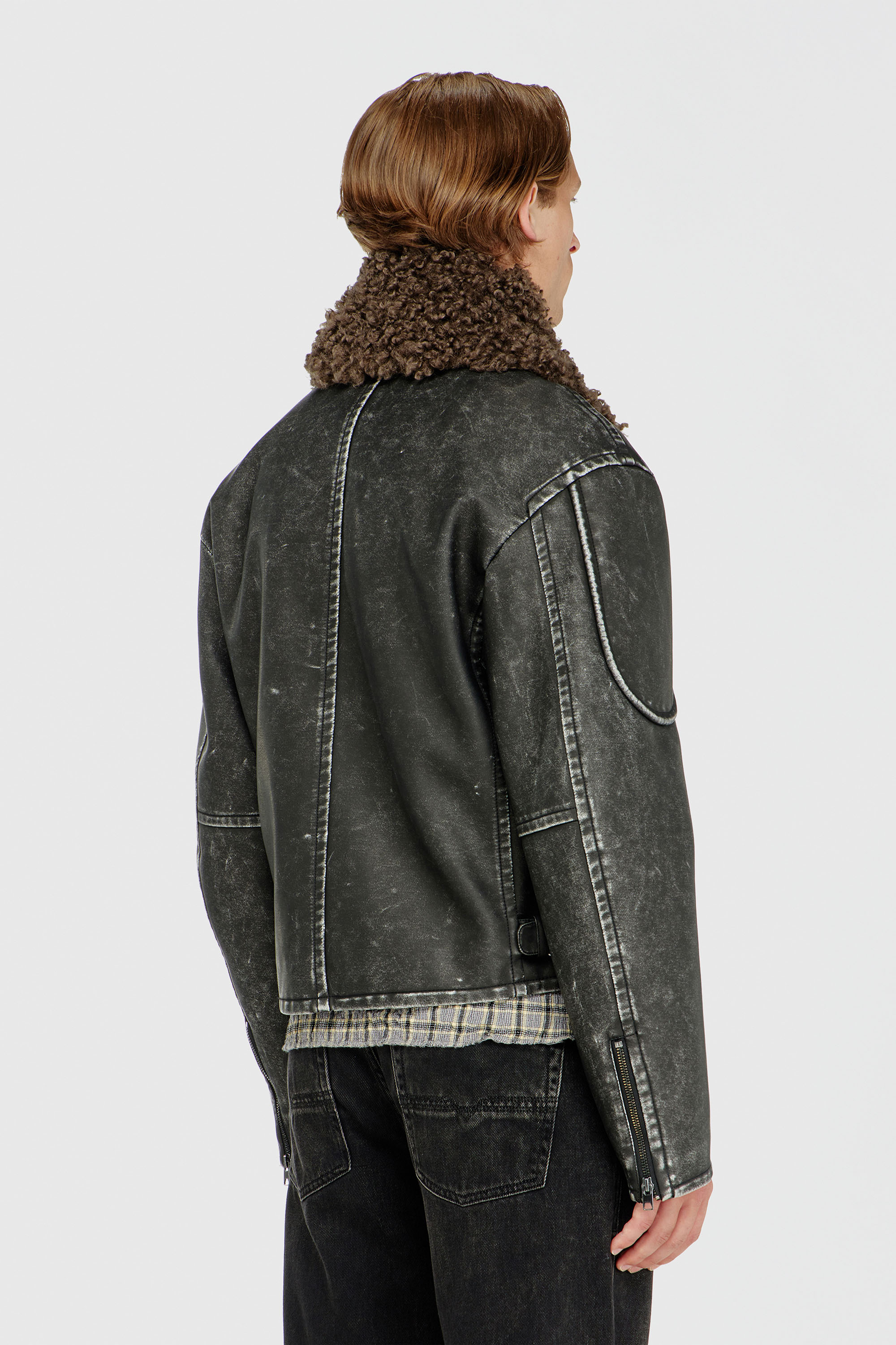 Diesel - W-ALEX, Man's Biker jacket with detachable collar in Dark grey - 4