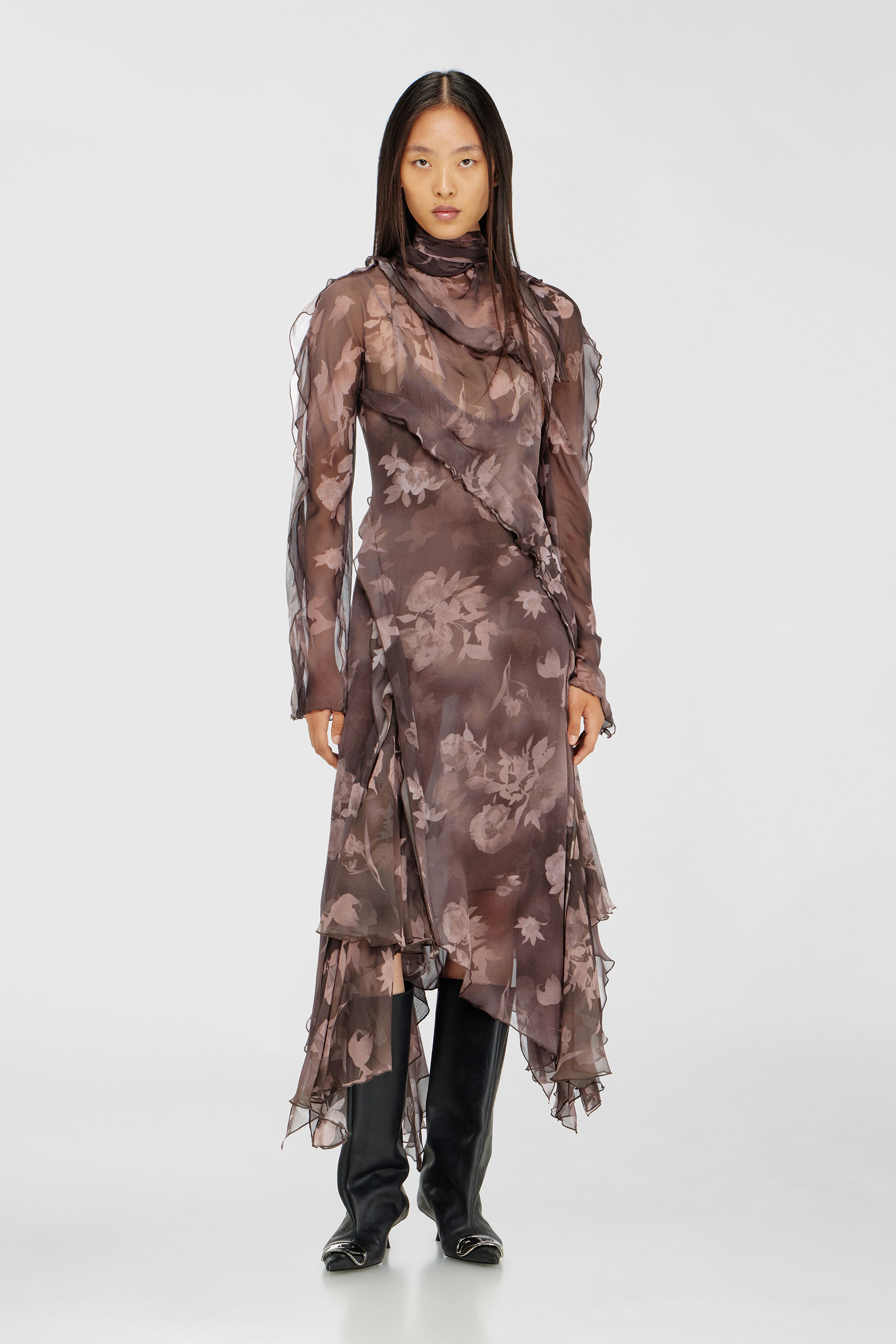 Diesel - D-RIADI, Woman's Asymmetric midi dress in chiffon and silk-crepe in Brown - 3