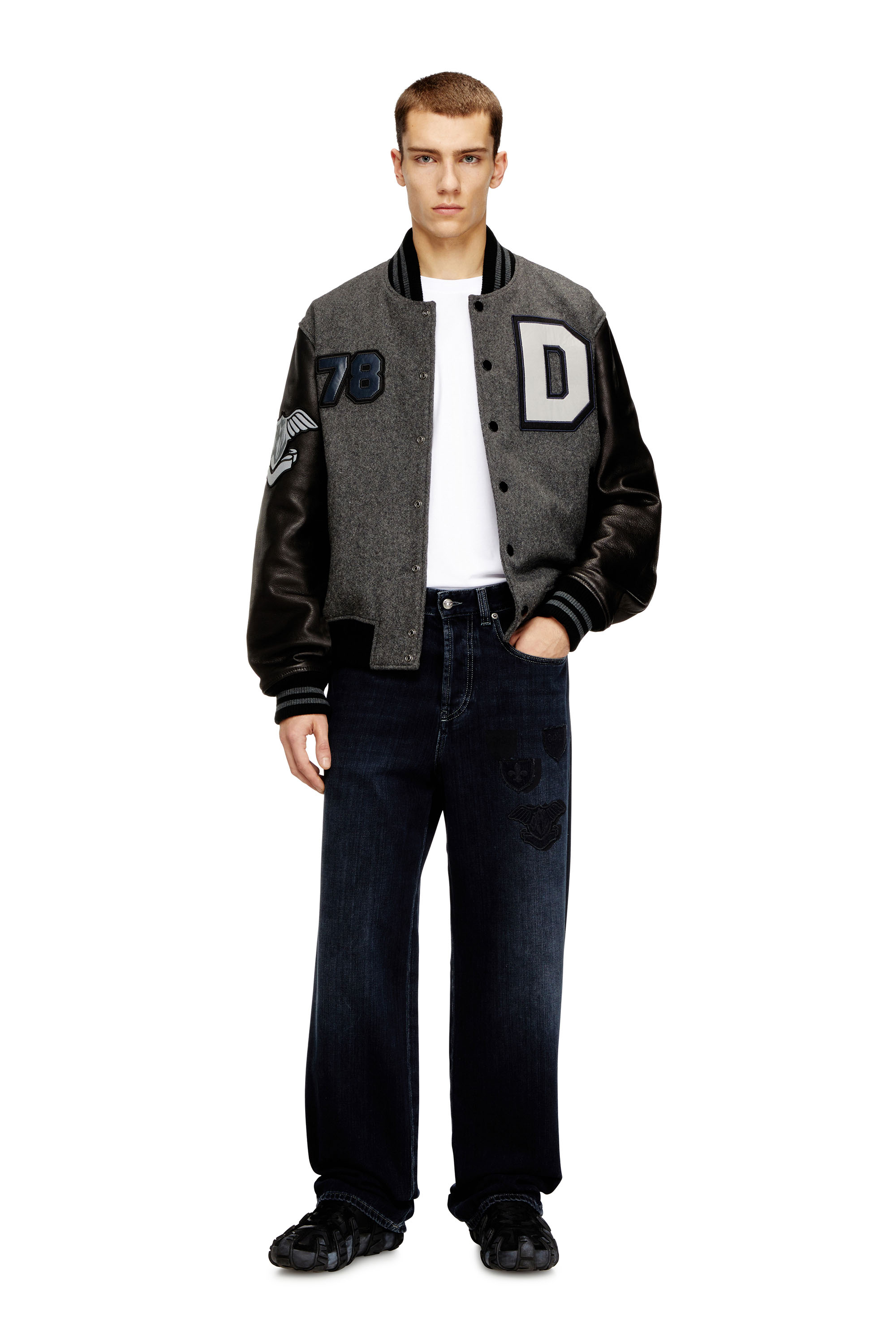 Diesel - L-ARRY-CP, Man's Varsity jacket in wool and leather in Black/Grey - 2