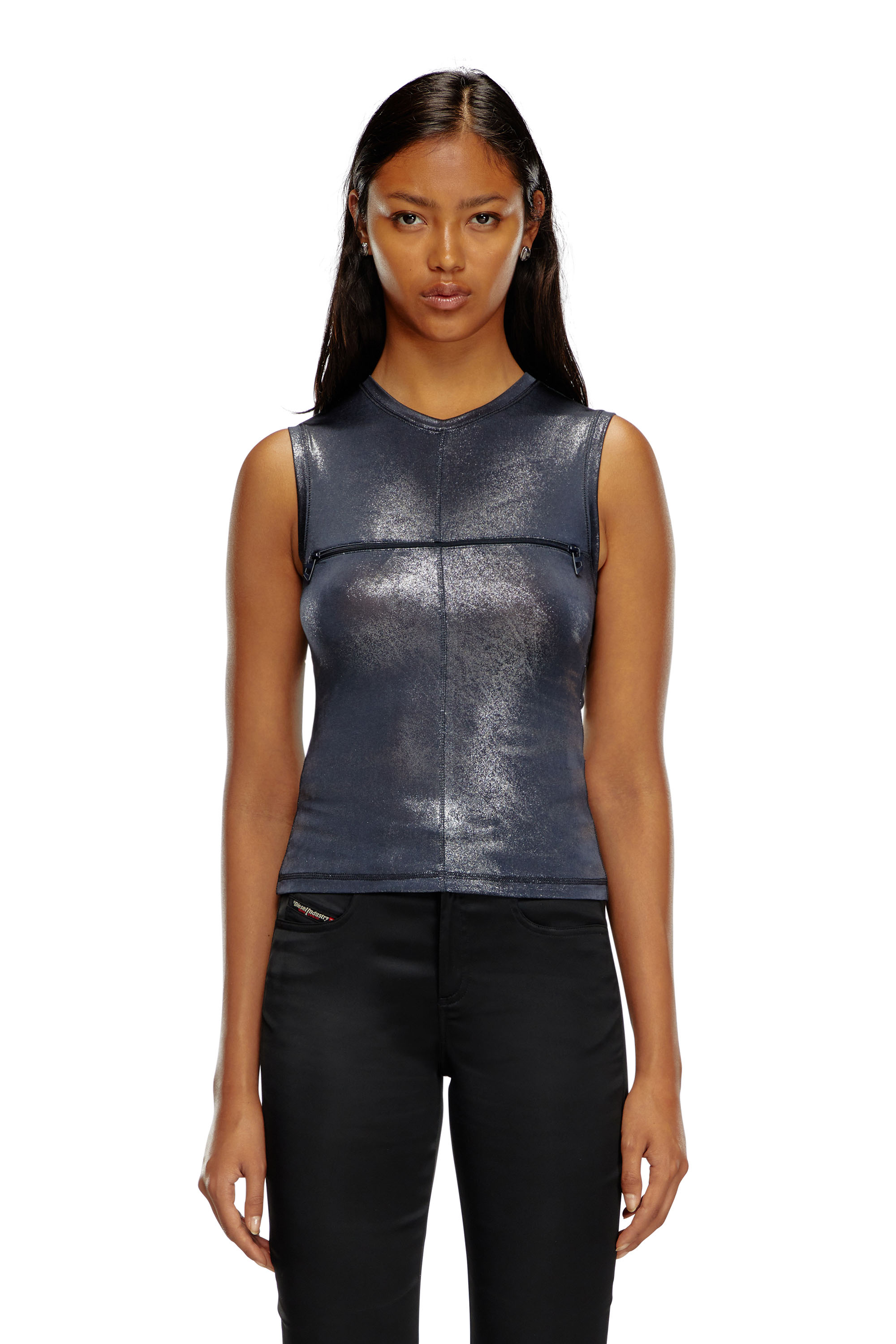 Diesel - T-VEZZY, Woman Metallic tank top with chest slit in Blue - Image 4